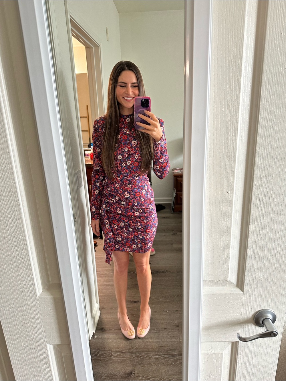 Floral Ruched Long-Sleeve Mini Dress - Pink Multi - Picture 9 of 9